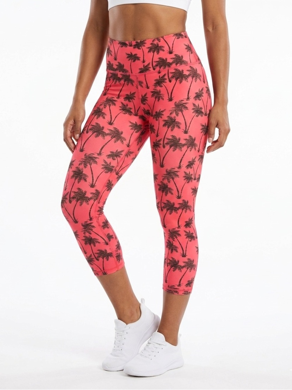 EVOLUTION & CREATION Women's Pink Black Palm Trees High Waist Capri Yoga Pants